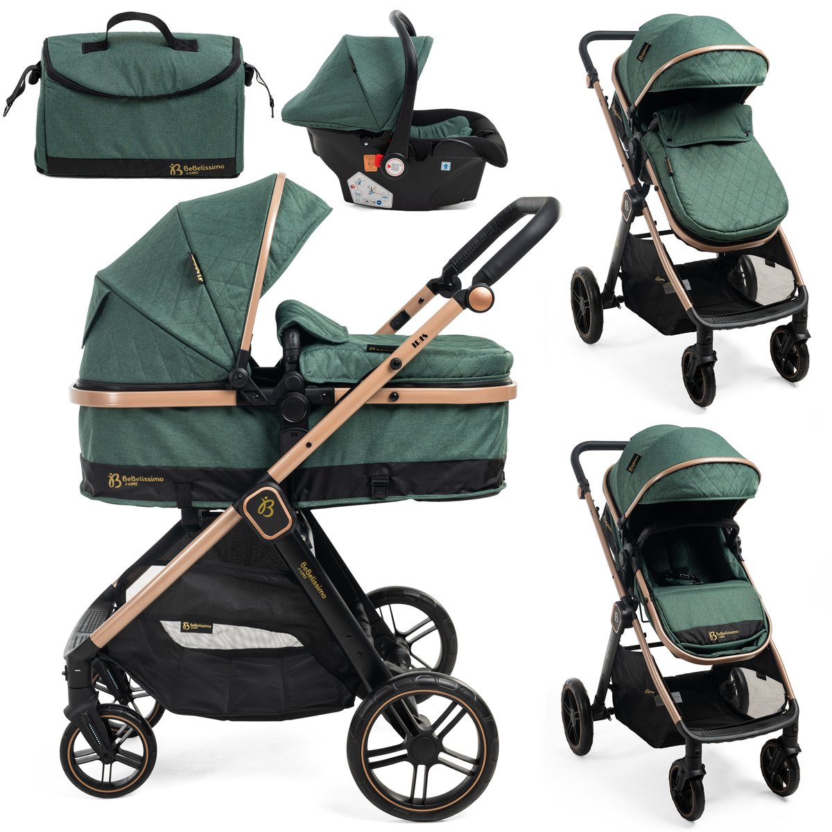 Poussette combinée trio 3 en 1 - siège auto 0+ IRIS – nacelle – dès la naissance – jusqu’à 22kg - vert vert, BEBELISSIMO J'AIME