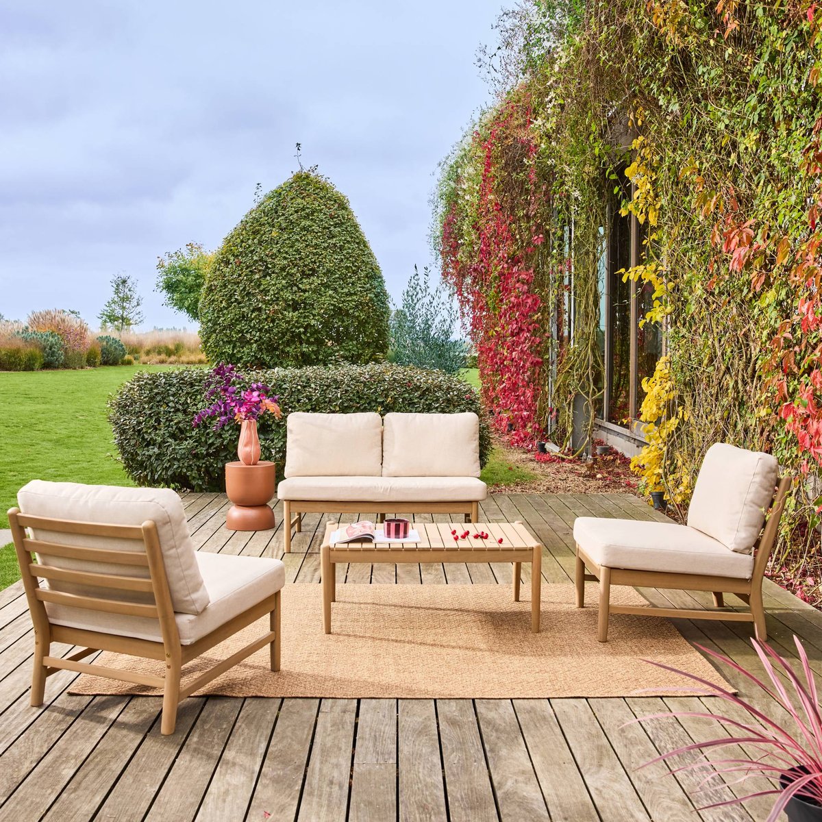 Salon de jardin bois d'acacia 4 places  LUNARI naturel / beige, SWEEEK