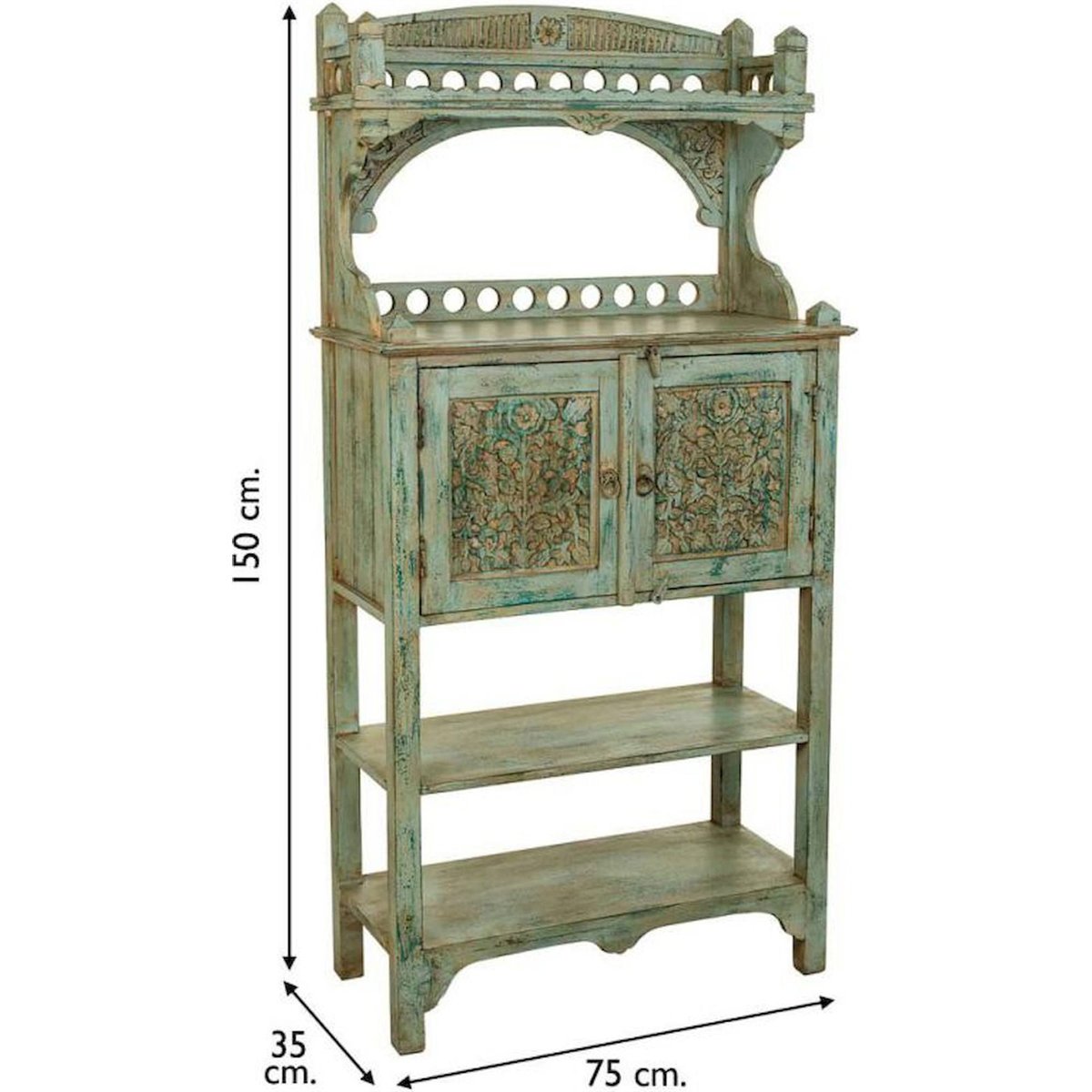 Buffet en manguier sculpté, 2 Portes bleu patiné bois de manguier, RECOLLECTION