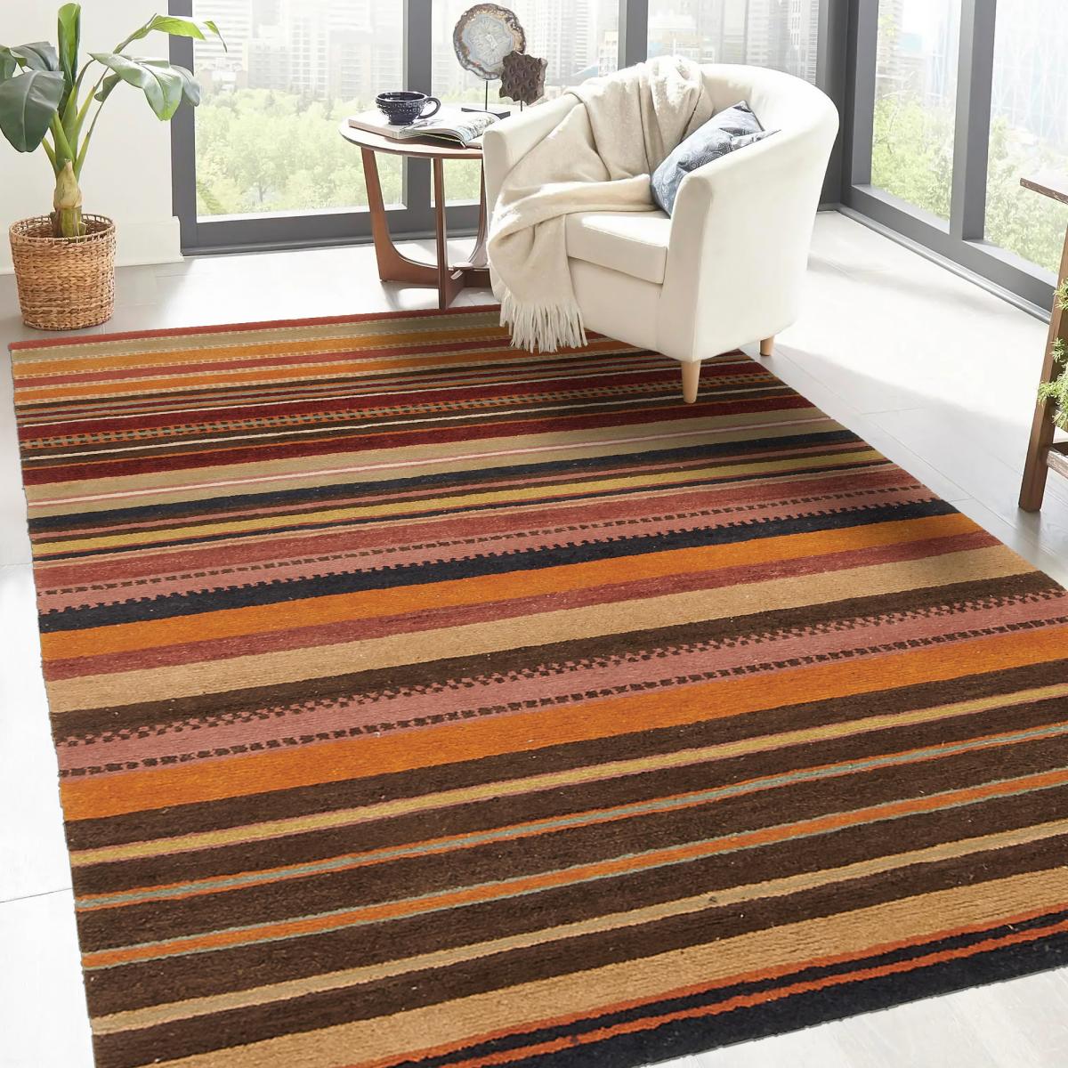 Tapis salon et chambre fait main en laine motif géométrique SPLENDIDA beige, marron, orange, UN AMOUR DE TAPIS