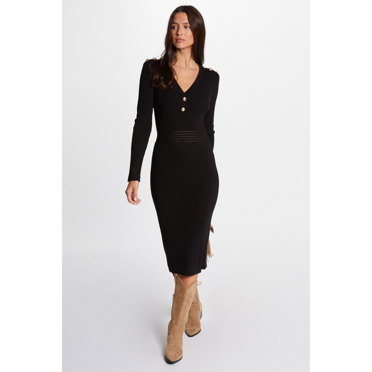 Robe tricot midi ajustée noir, MORGAN
