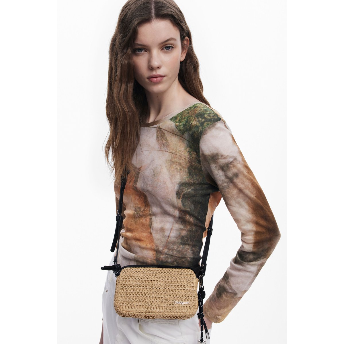 Sac bandoulière en raphia moyen blanc, DESIGUAL