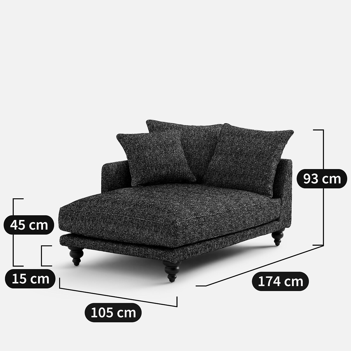 Sofá chaise longue de tejido de rizo LAZARE negro, AM.PM