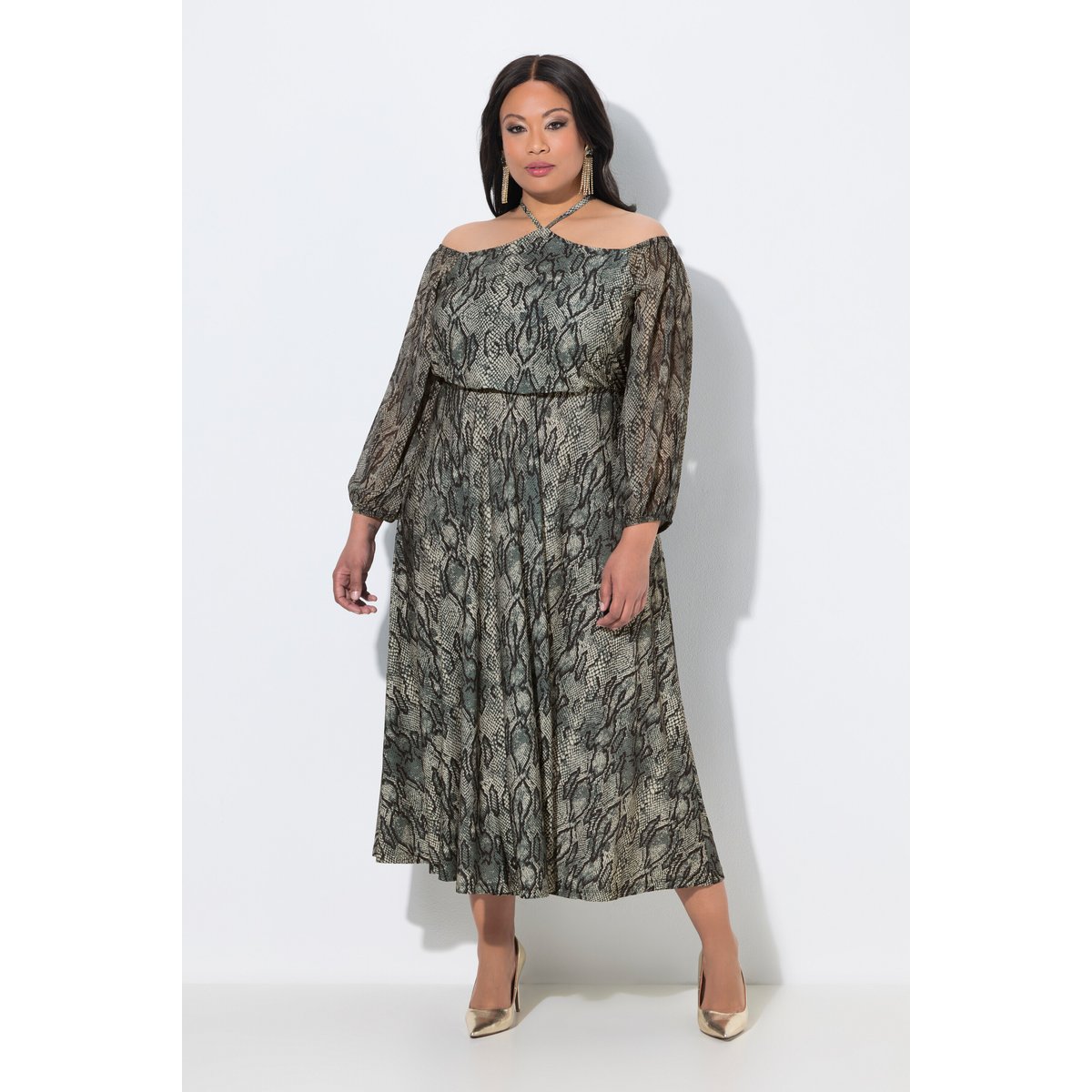 Robe longue, motif animalier, col Carmen gris olive, ULLA POPKEN