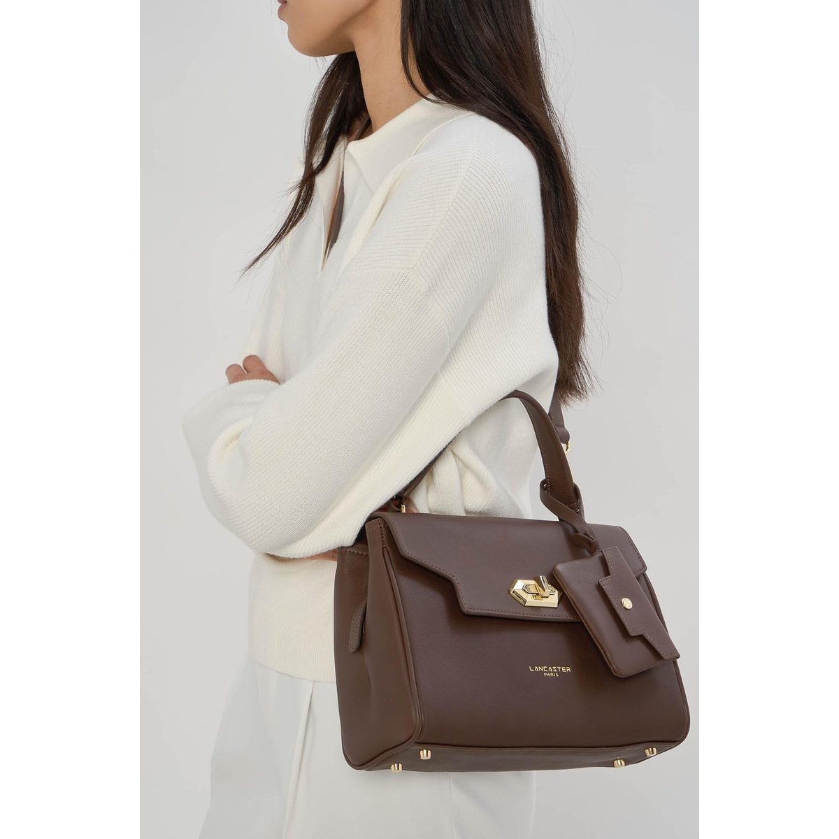 Sac à main à rabat avec fermoir en cuir, MADEMOISELLE GRACE marron, LANCASTER