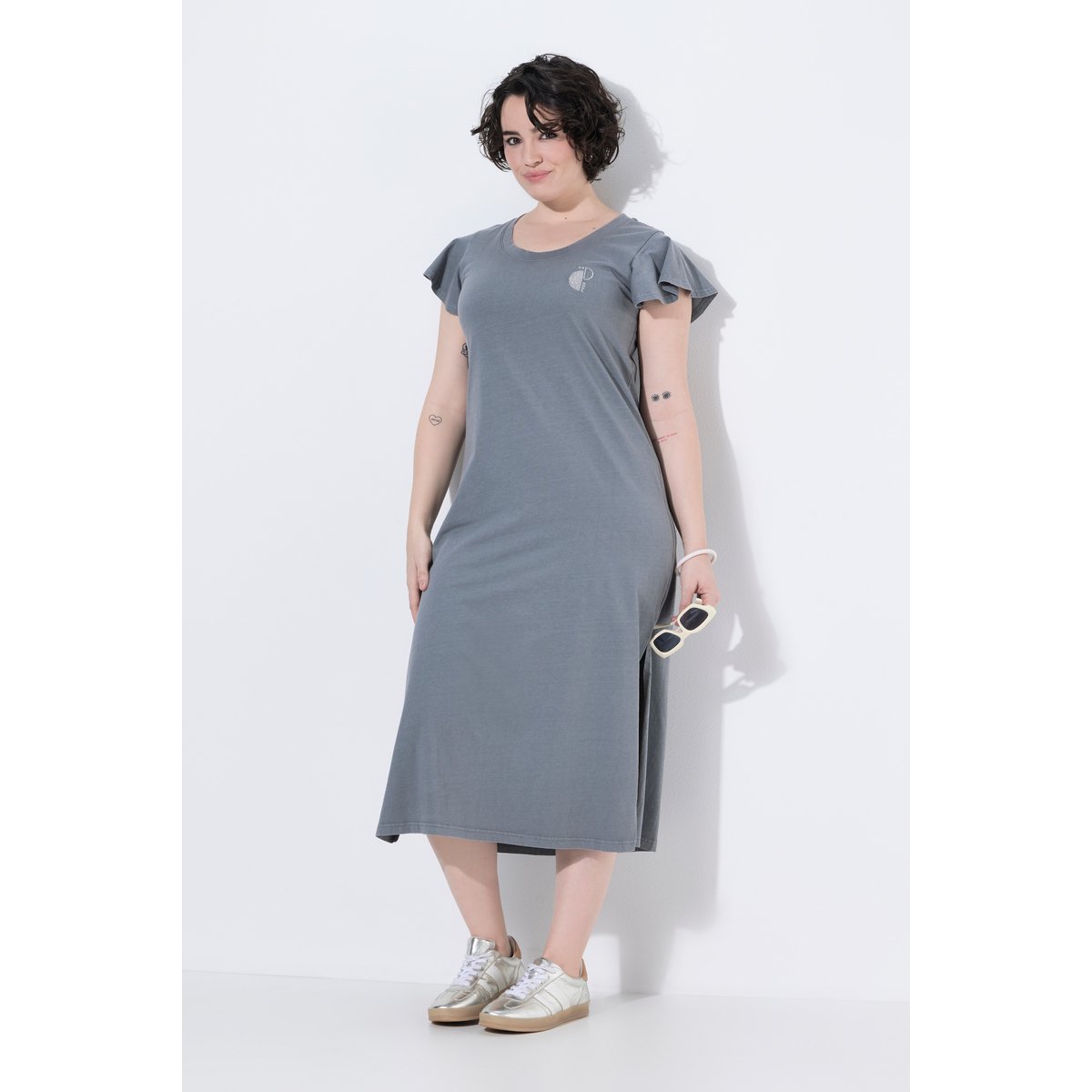 Robe maxi avec petite broderie, coupe évasée gris, ULLA POPKEN