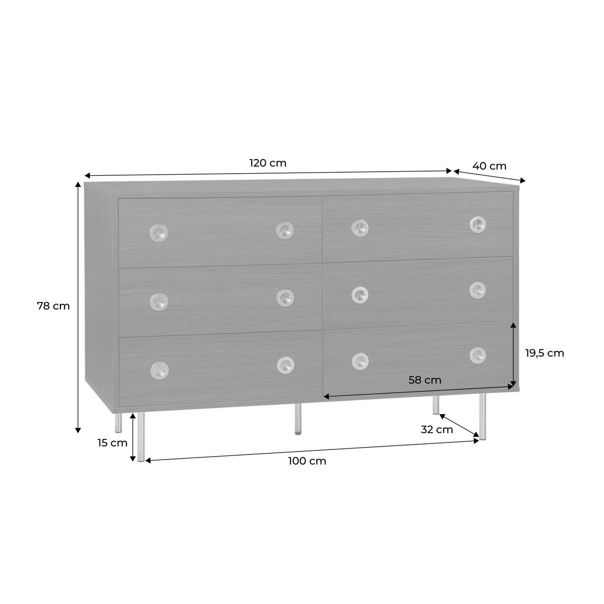 Commode vintage décor bois et acier inoxydable 6 tiroirs SHELBY noyer, SWEEEK