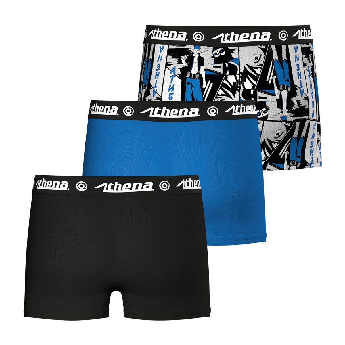 Lot de 3 boxers noir-bleu imprimé, ATHENA