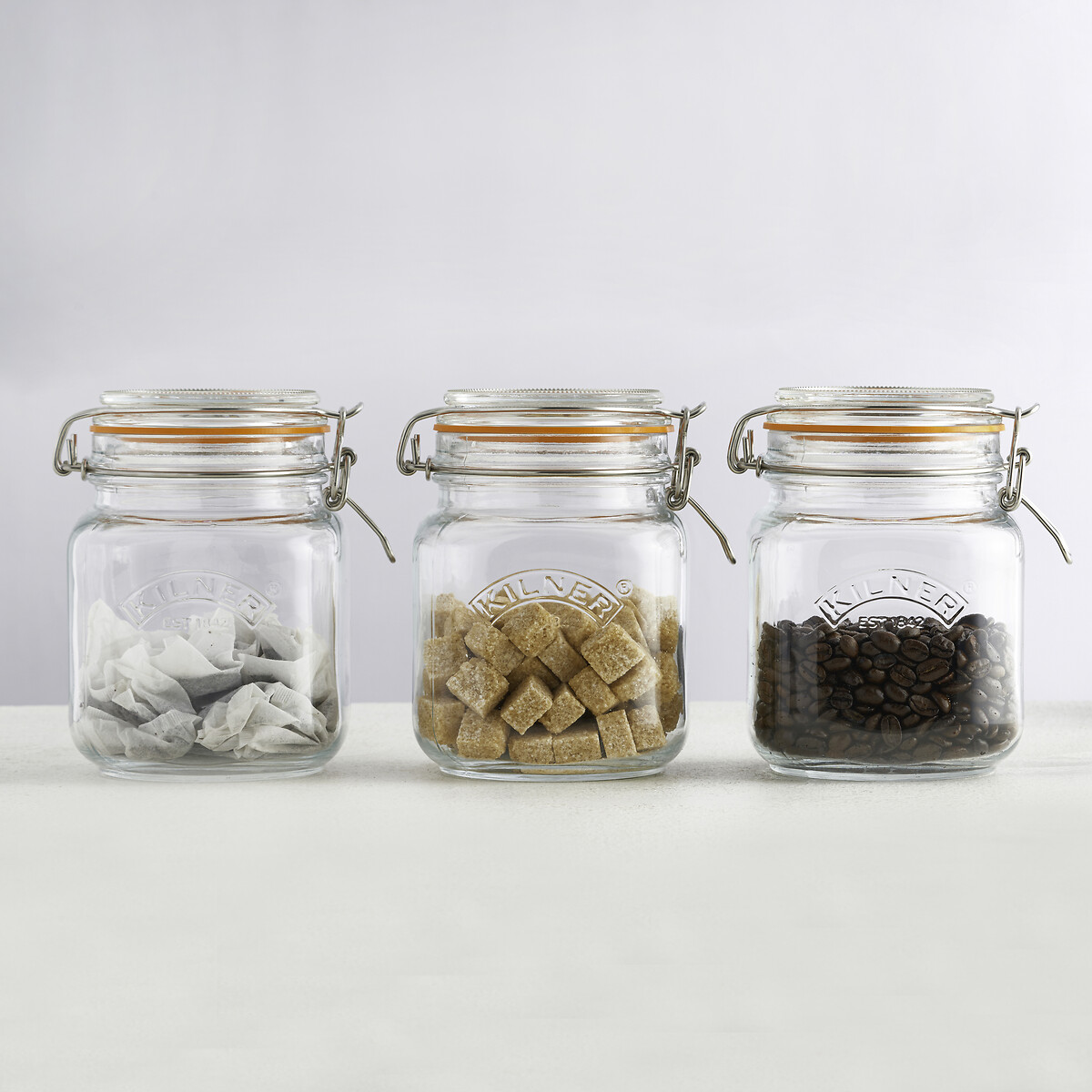 Set of 3 Clip Top Square Jars, 1L glass, KILNER