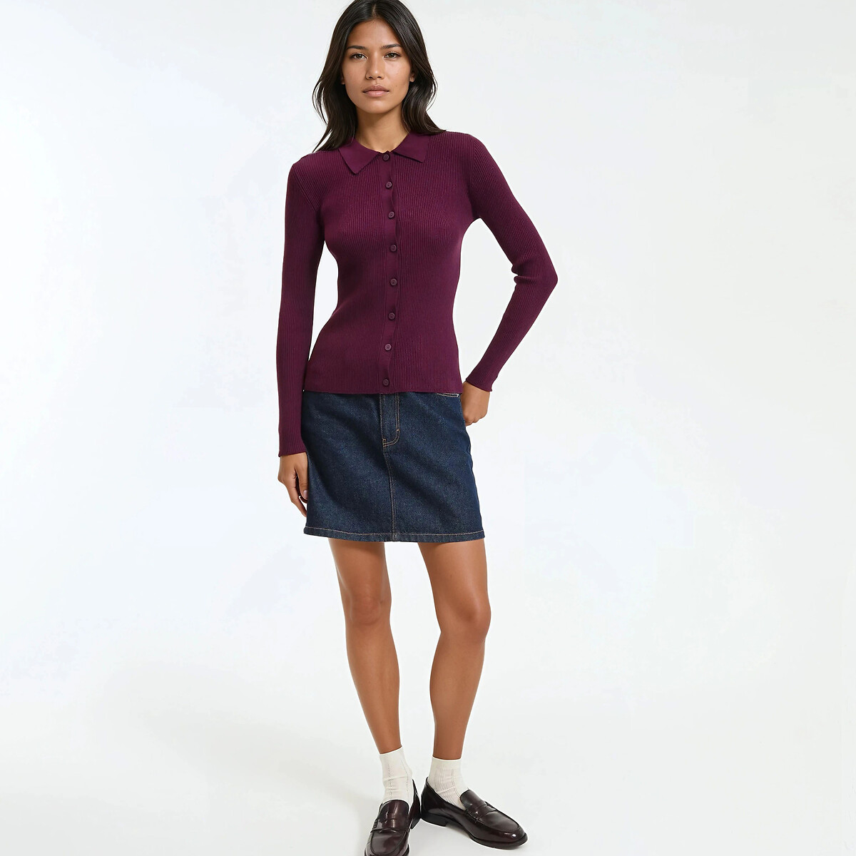Polo Collar Cardigan in Fine Knit with Button Fastening purple/plum, LA REDOUTE COLLECTIONS