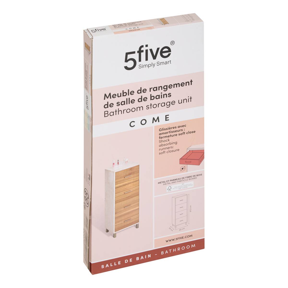 Meuble de salle de bain 4 tiroirs effet marbre COME marron, 5FIVE SIMPLY SMART