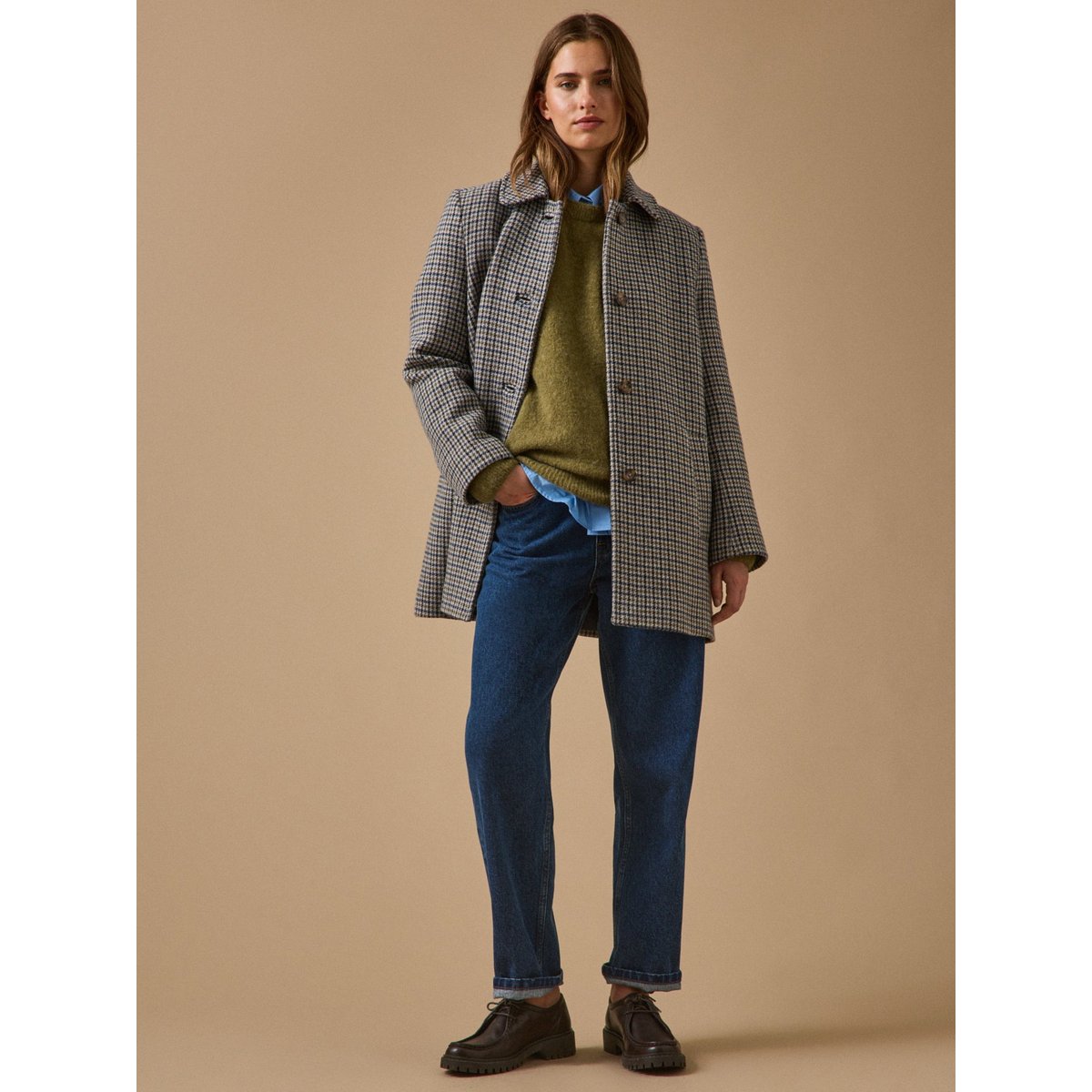 Manteau lainage pied-de-poule pied de poule bleu/gris, CYRILLUS