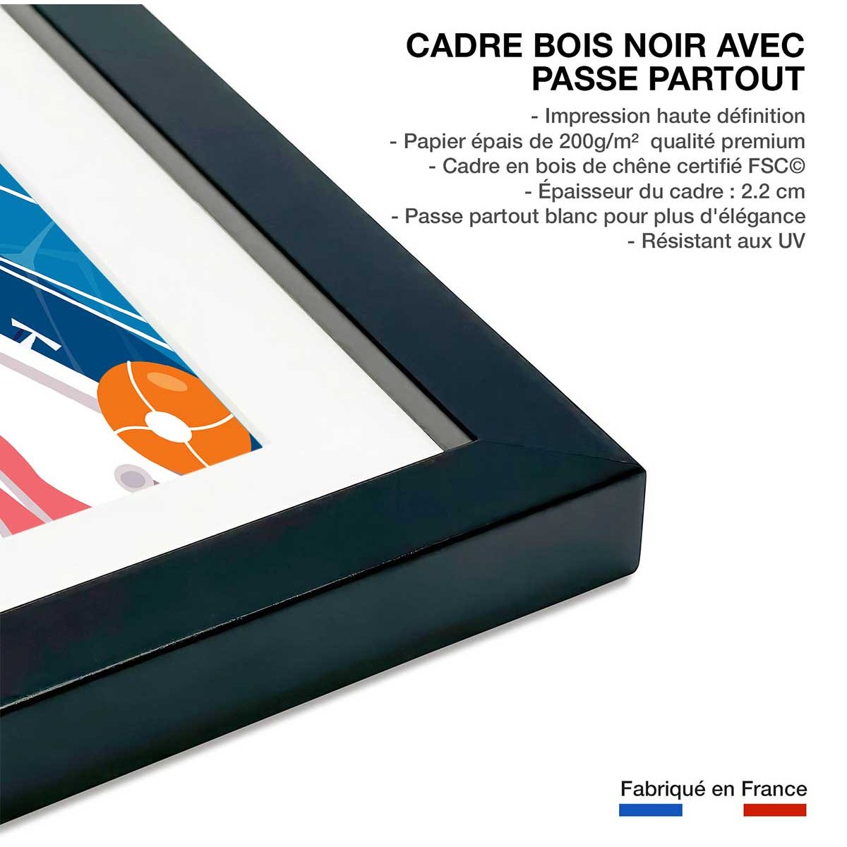 Poster de bronzette à port cros affiche + cadre en bois - noir, HEXOA