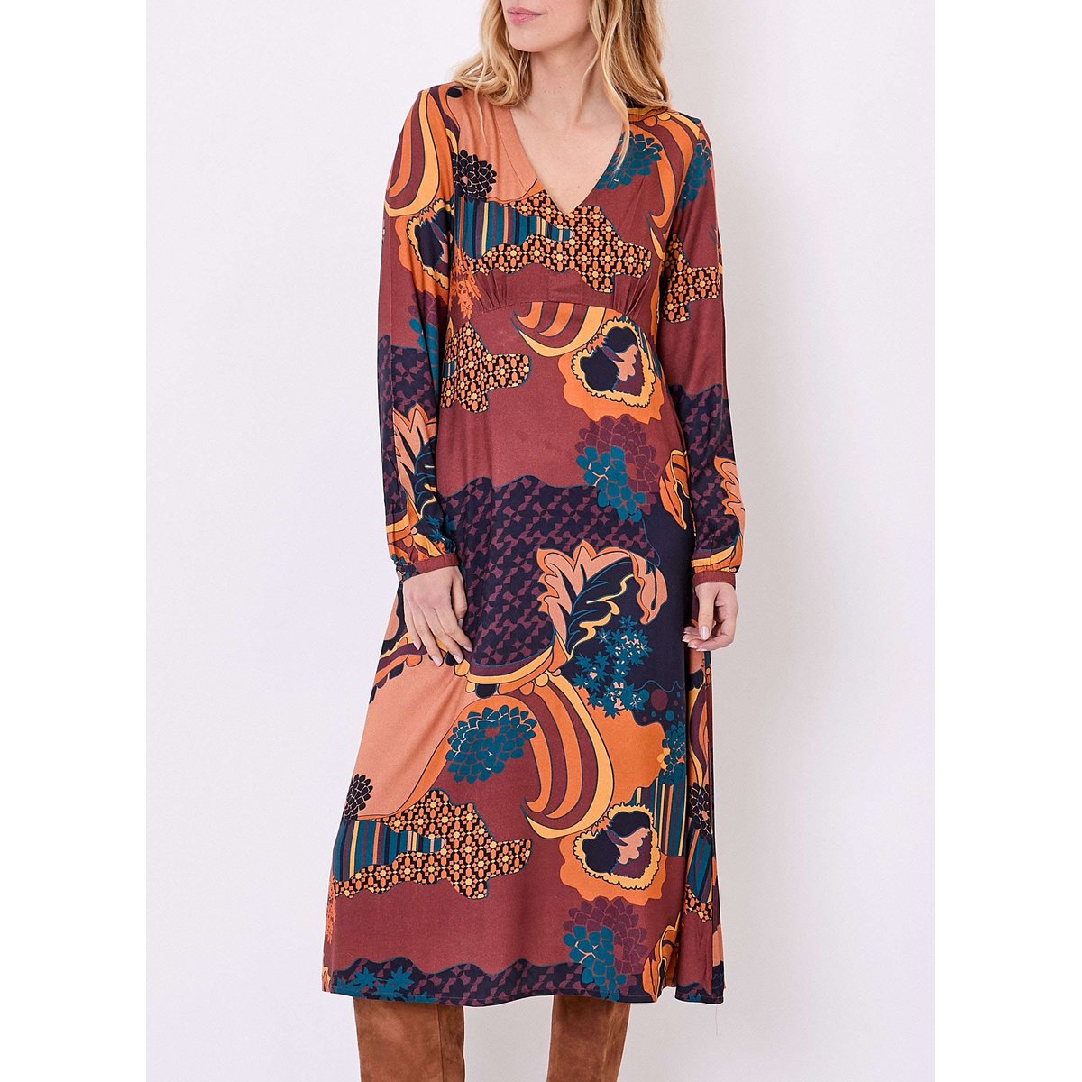 Robe midi fluide imprimée col V LAMANA marron bleu marine preeti, LA FIANCÉE