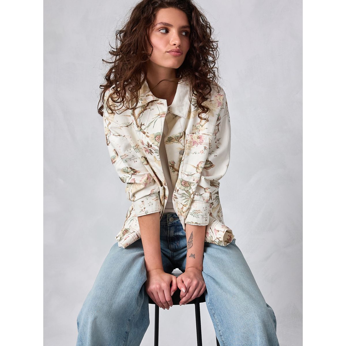 Veste style ouvrier en coton imprimé oiseau écru, NEXT