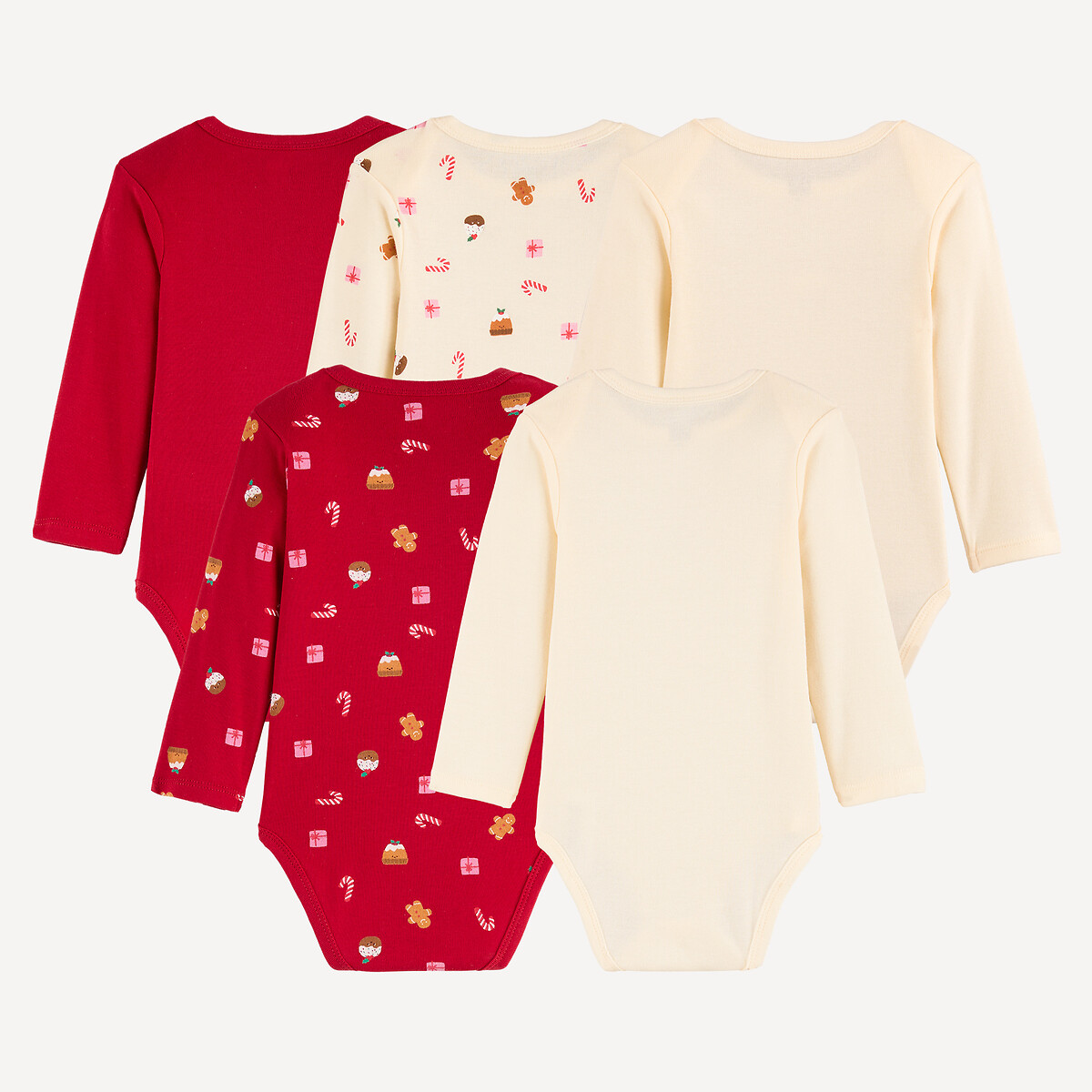 Lot de 5 bodies emmanchures américaines manches longues, en coton, thème Noël rouge + écru, LA REDOUTE COLLECTIONS