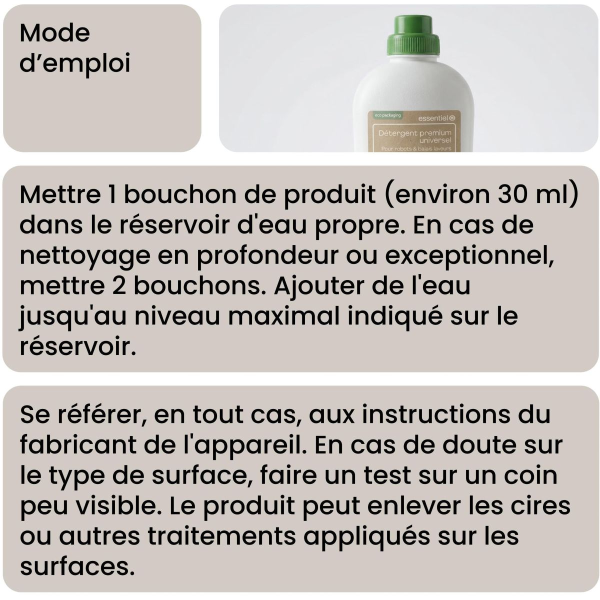 Détergent Liquide Nettoyant Sol Universel 1L pour Aspirateur Robot Laveur et Balai Laveur, Anti-Traces couleur unique, ESSENTIEL B