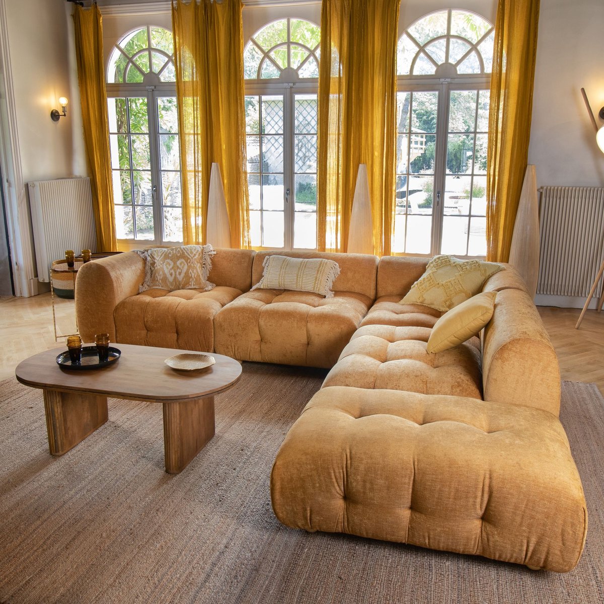 Canapé d'angle en velours pané, TWIGGY ocre, NOW'S HOME