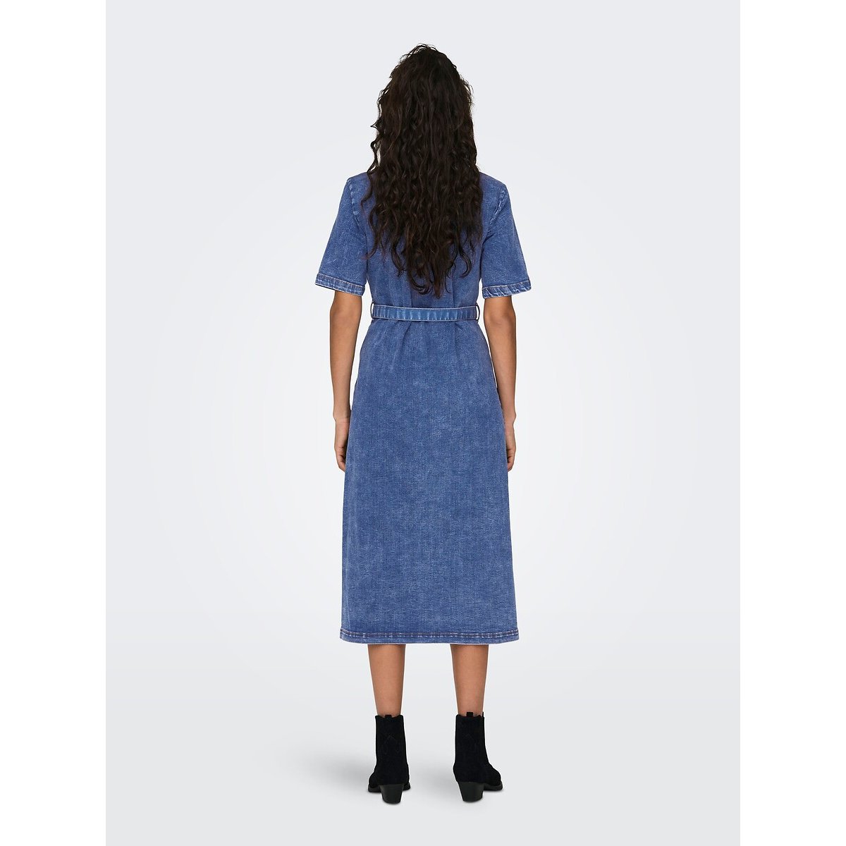Denim Belted Dress with Short Sleeves medium blue , ONLY