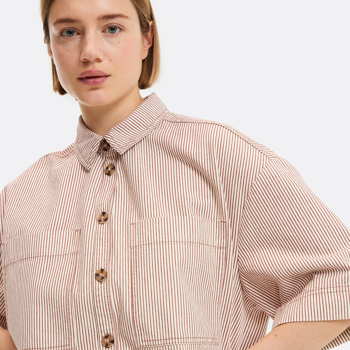 Robe courte ample à rayures en coton, Signature SARA rayé écru/marron, LA REDOUTE COLLECTIONS