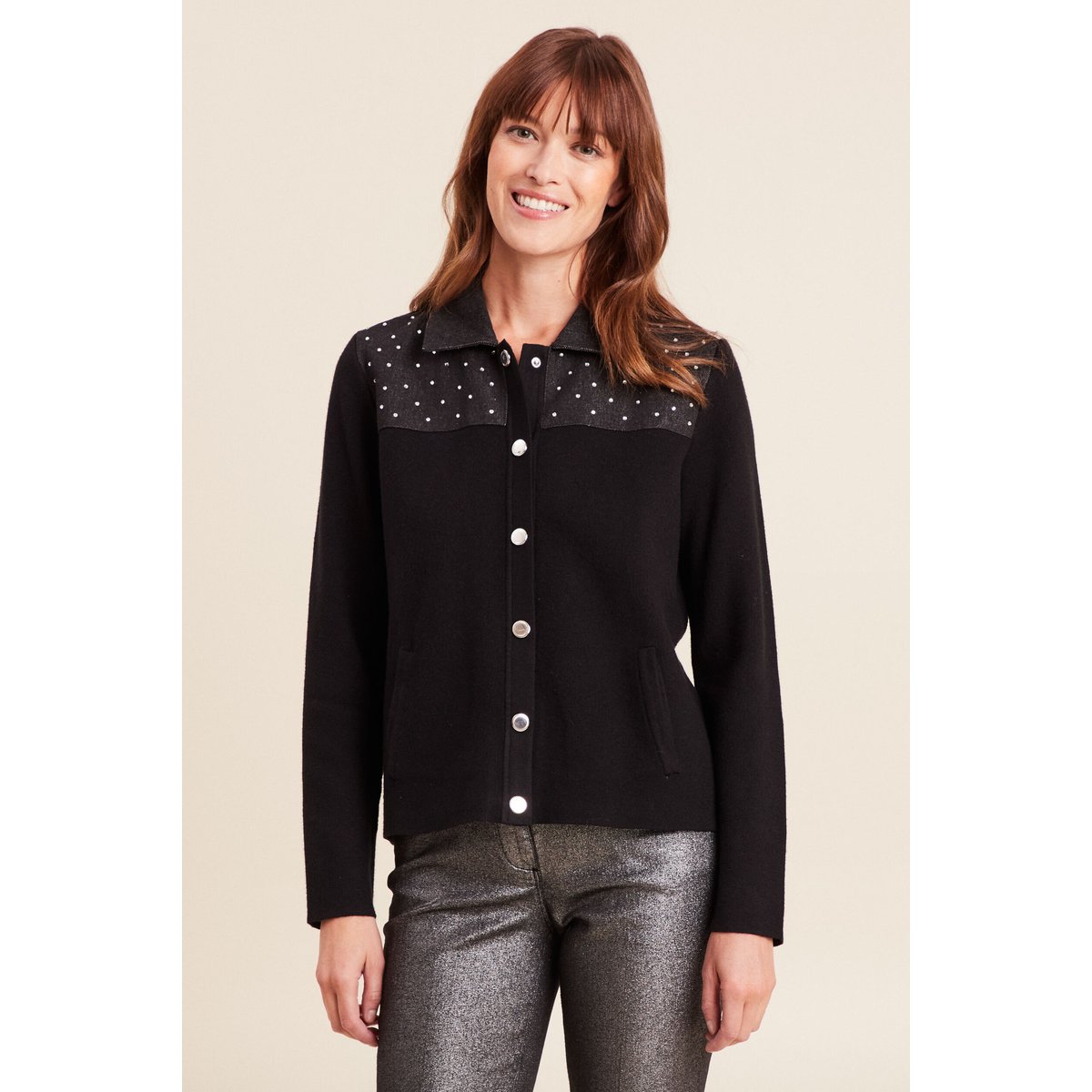 Gilet col rond manches longues strass noir, BREAL