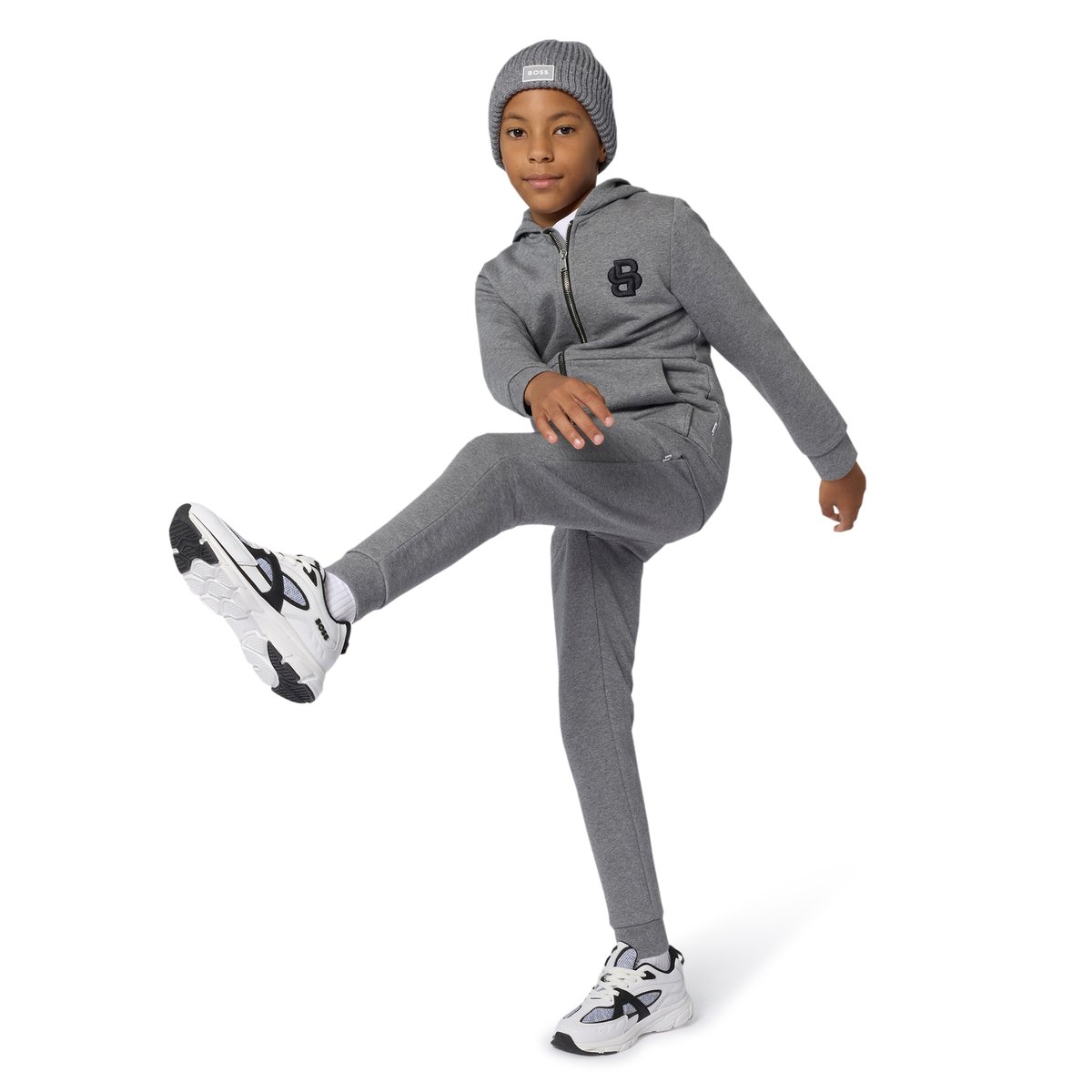 Chapeau tricoté avec insigne gris chine, BOSS KIDSWEAR