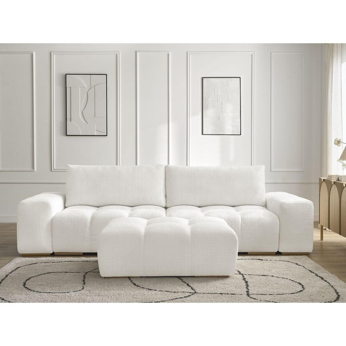 Canapé droit convertible 3 places en tissu texturé avec pouf, ANAKIN blanc, BOBOCHIC