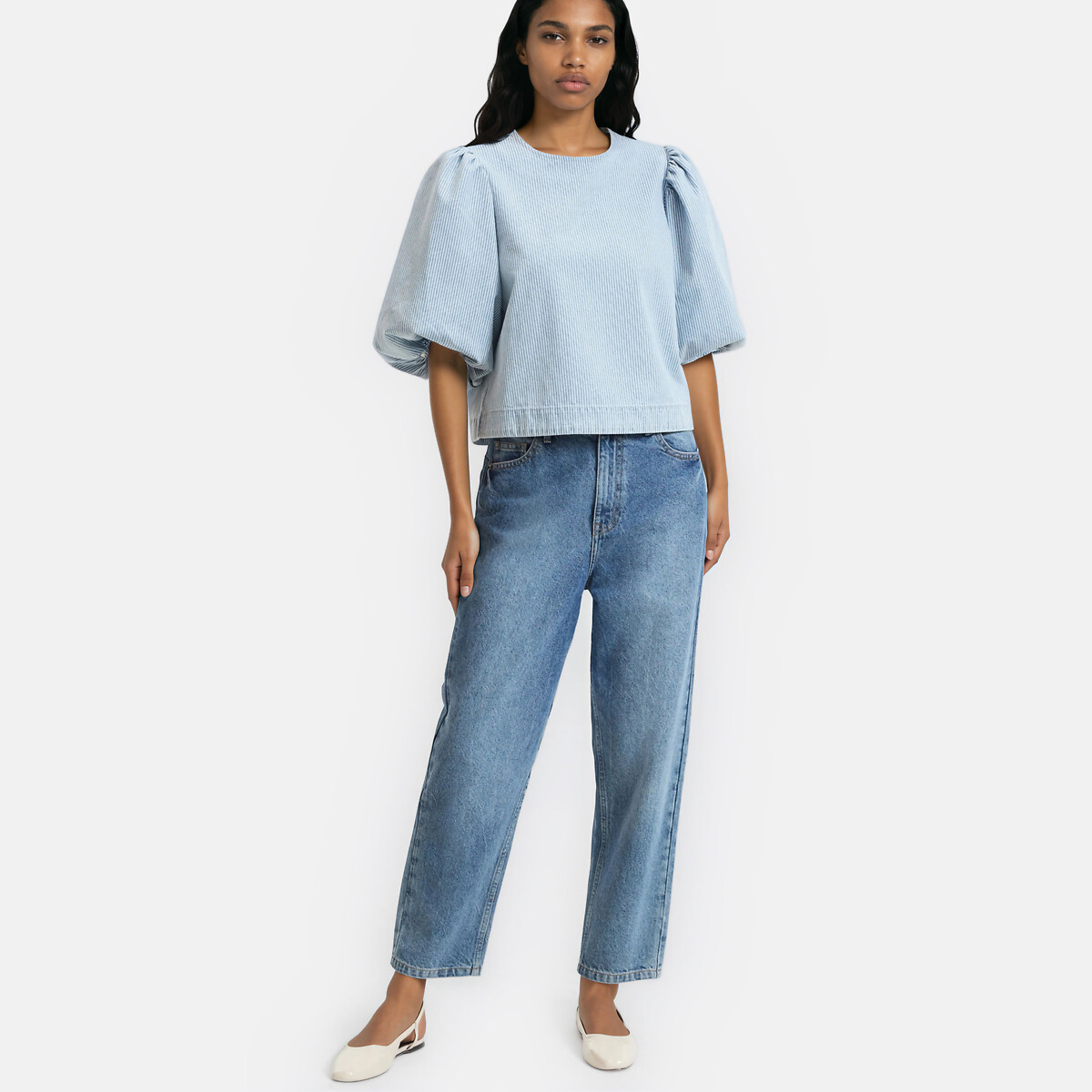 Blouse courte à rayures, manches 3/4 bouffantes rayé bleu/blanc, LA REDOUTE COLLECTIONS