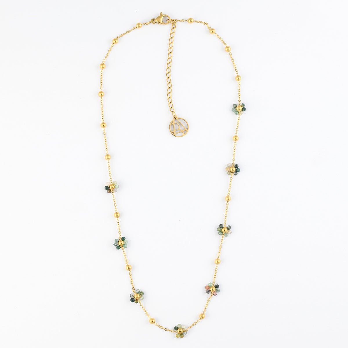 Collier chaîne fine acier inoxydable et fleur en pierre d'Aventurine vert, BALABOOSTE