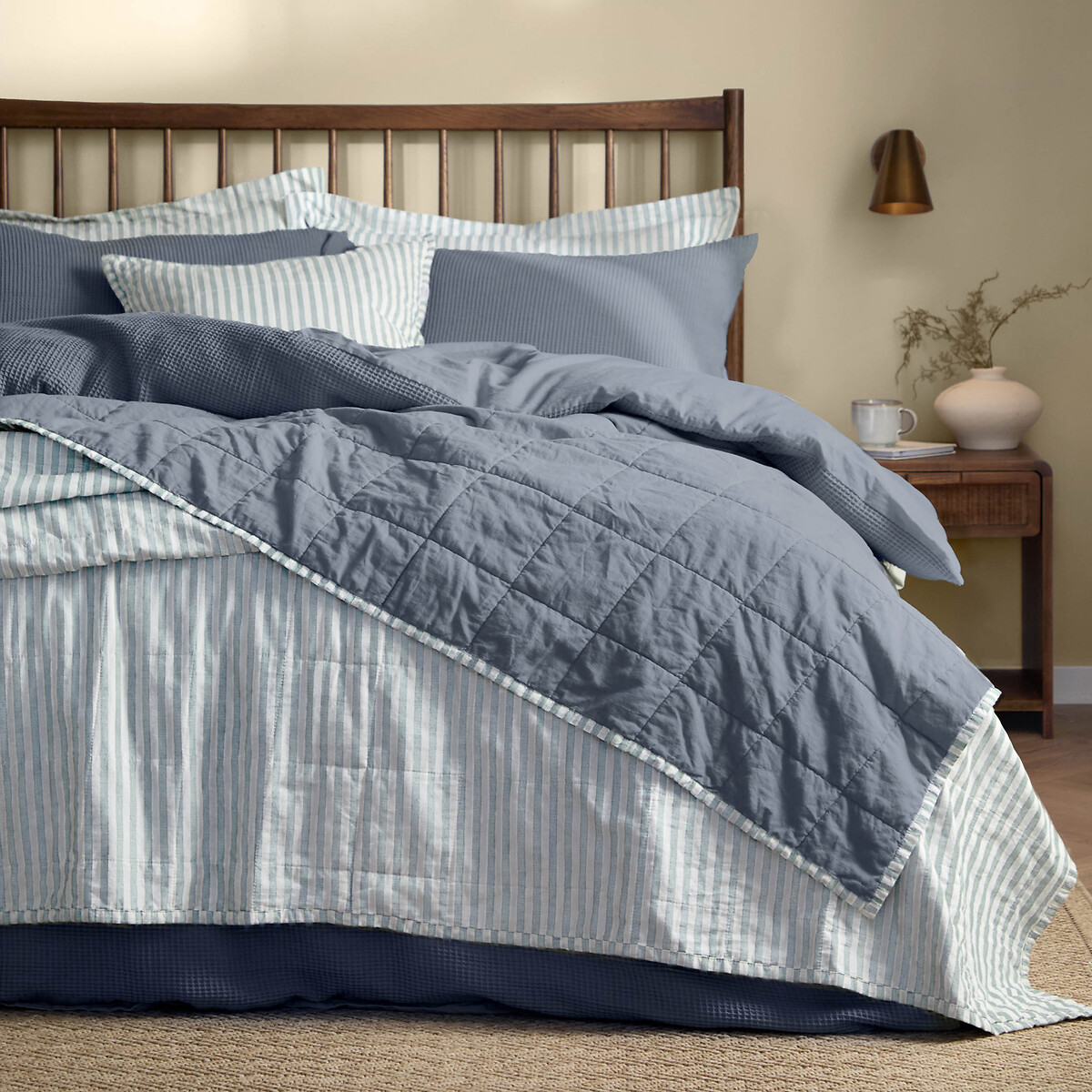 Hebden Quilted Stripe 100% Cotton Bedspread - 265x265cm mineral blue, YARD