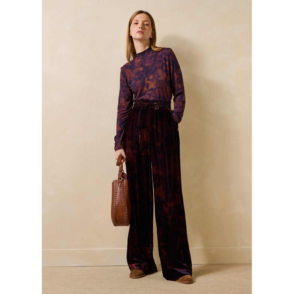 Pantalon large en velours imprimé floral viola/tandoori, LA FEE MARABOUTEE