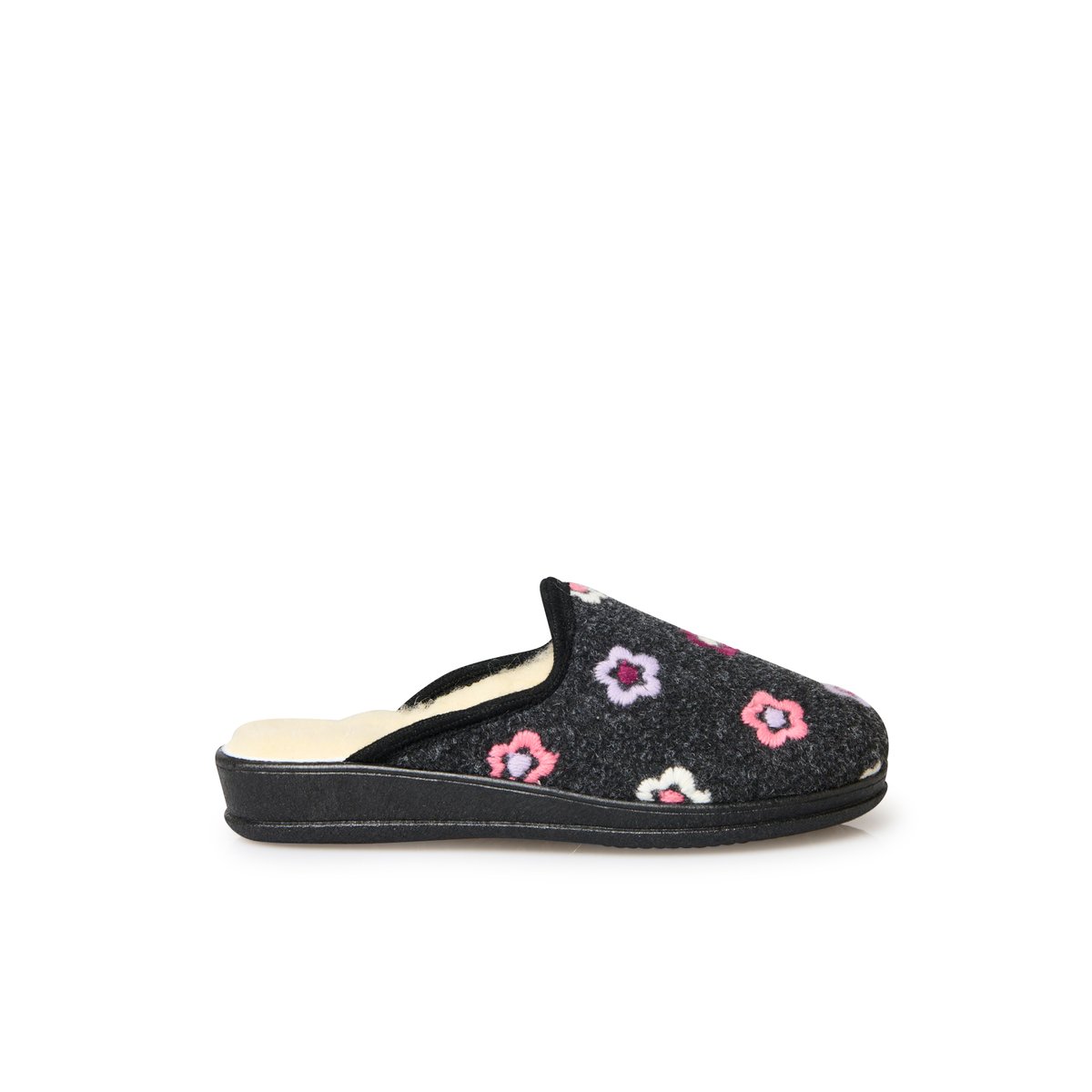 Mules fourrées laine gris foncé / fleurs brodées, PEDICONFORT