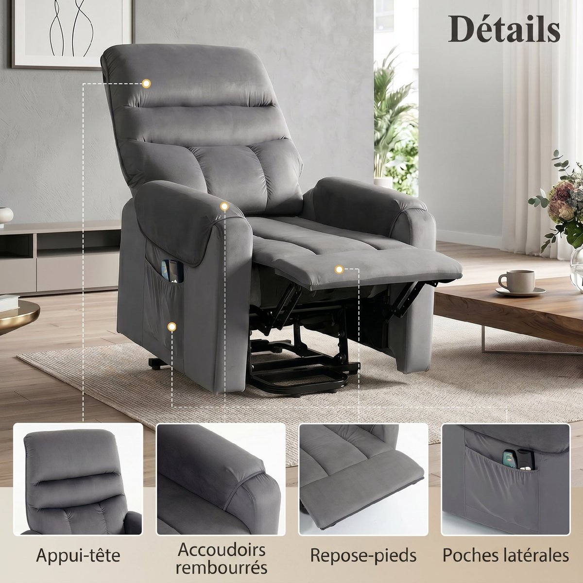 Fauteuil releveur multifonctionnel Velours gris foncé, HOMCOM