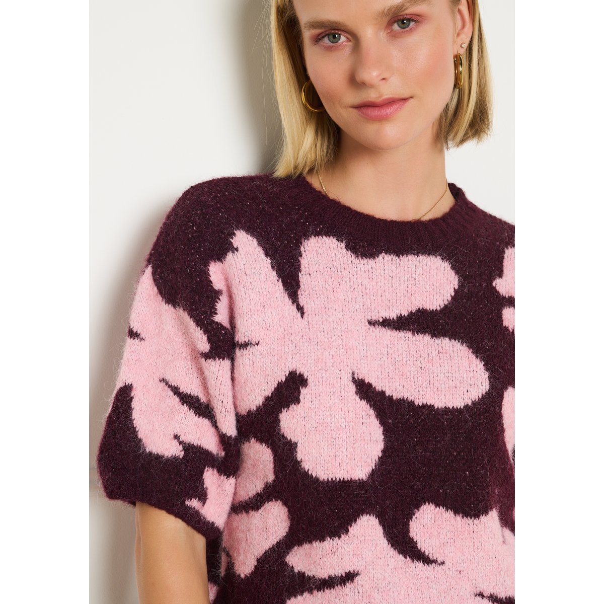 Pull jacquard fleuri bordeau wine, LOLALIZA