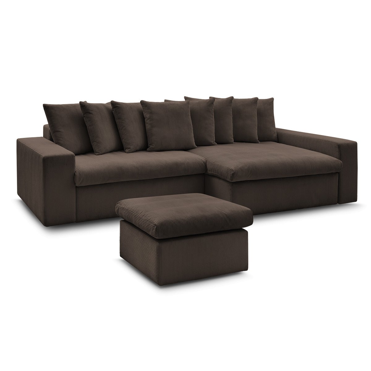 Canapé d'angle fixe 3 places en velours côtelé avec pouf, ENORE marron, BOBOCHIC
