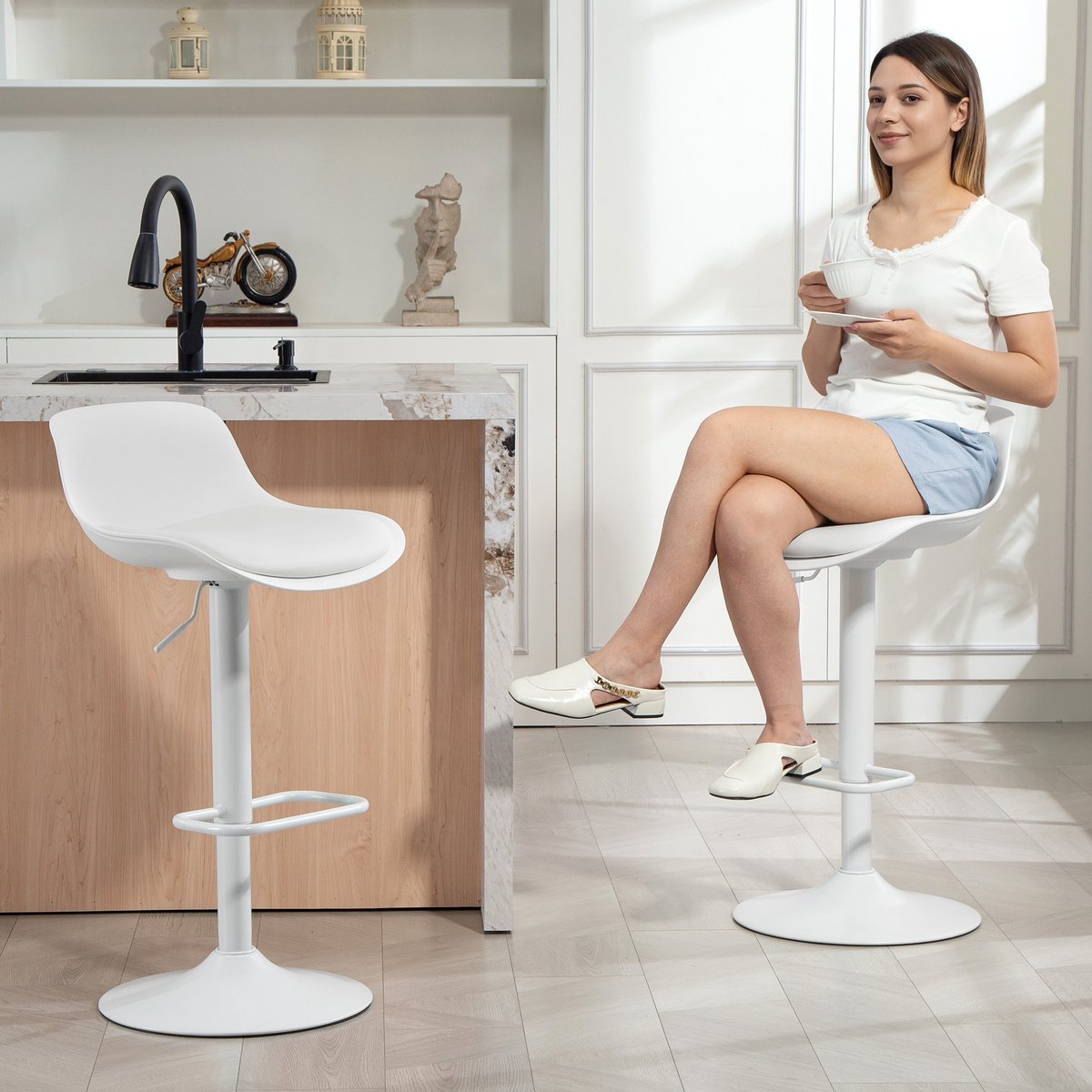Tabouret de bar PU et acier Blanc blanc, HOMCOM