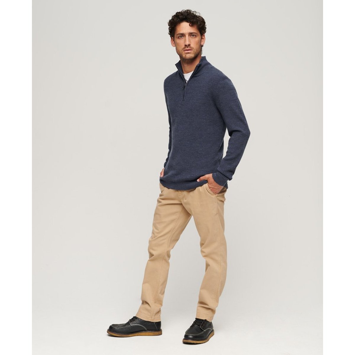 Pull semi-zippé en laine mérinos bleu marine intense, SUPERDRY