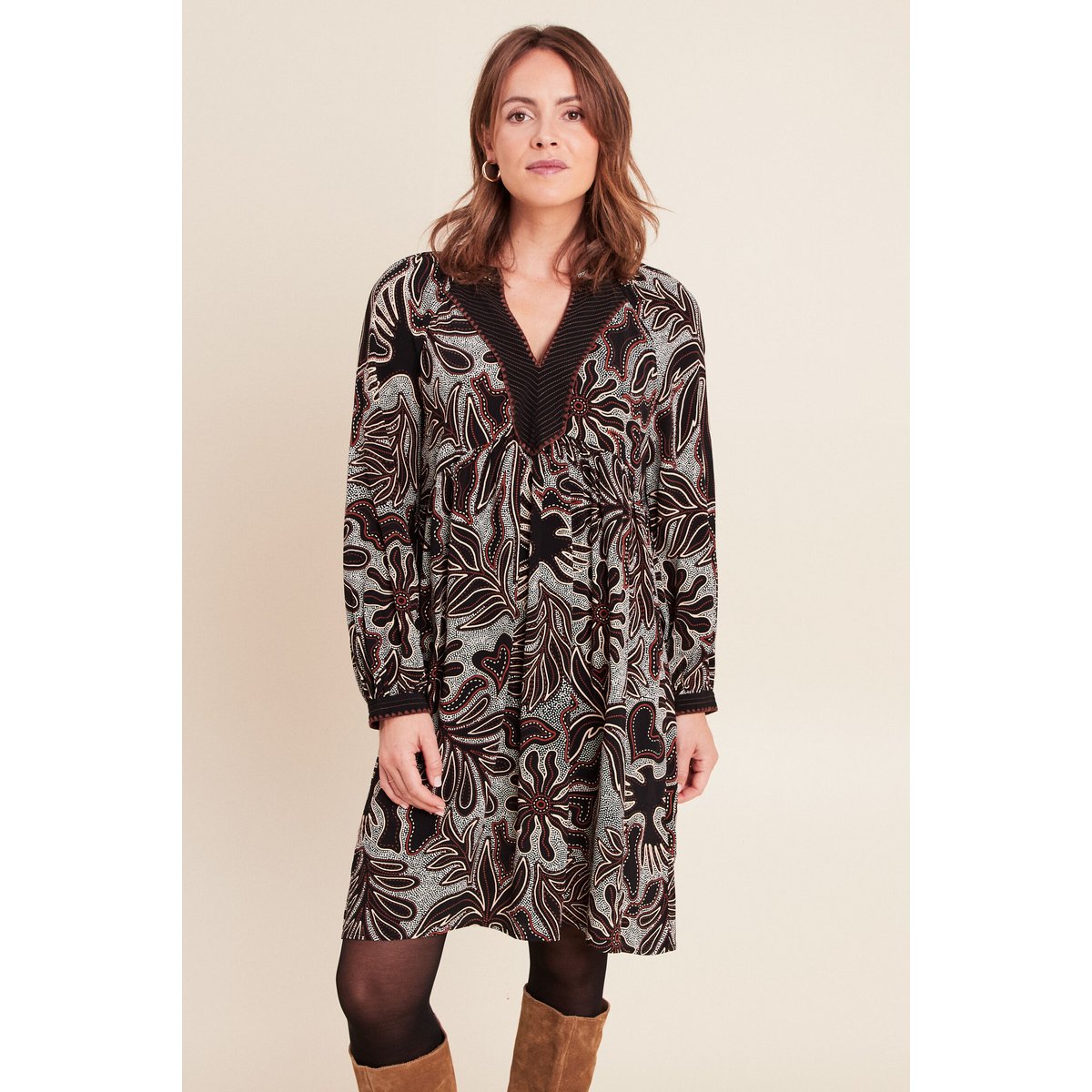 Robe fluide col v manches longues noir, BREAL