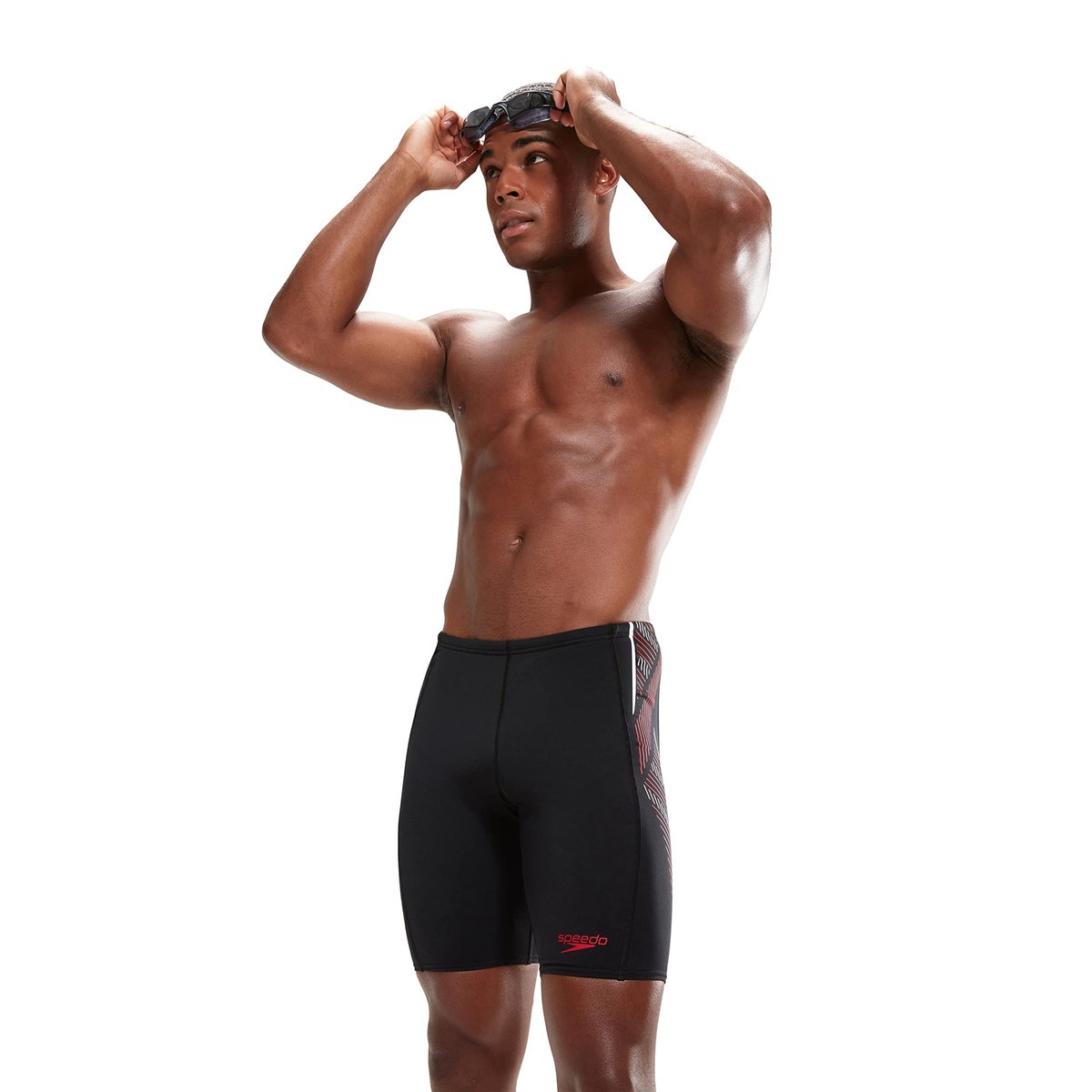 Short de bain à taille mi-haute motif/style rayures TECH PANEL noir / rouge, SPEEDO