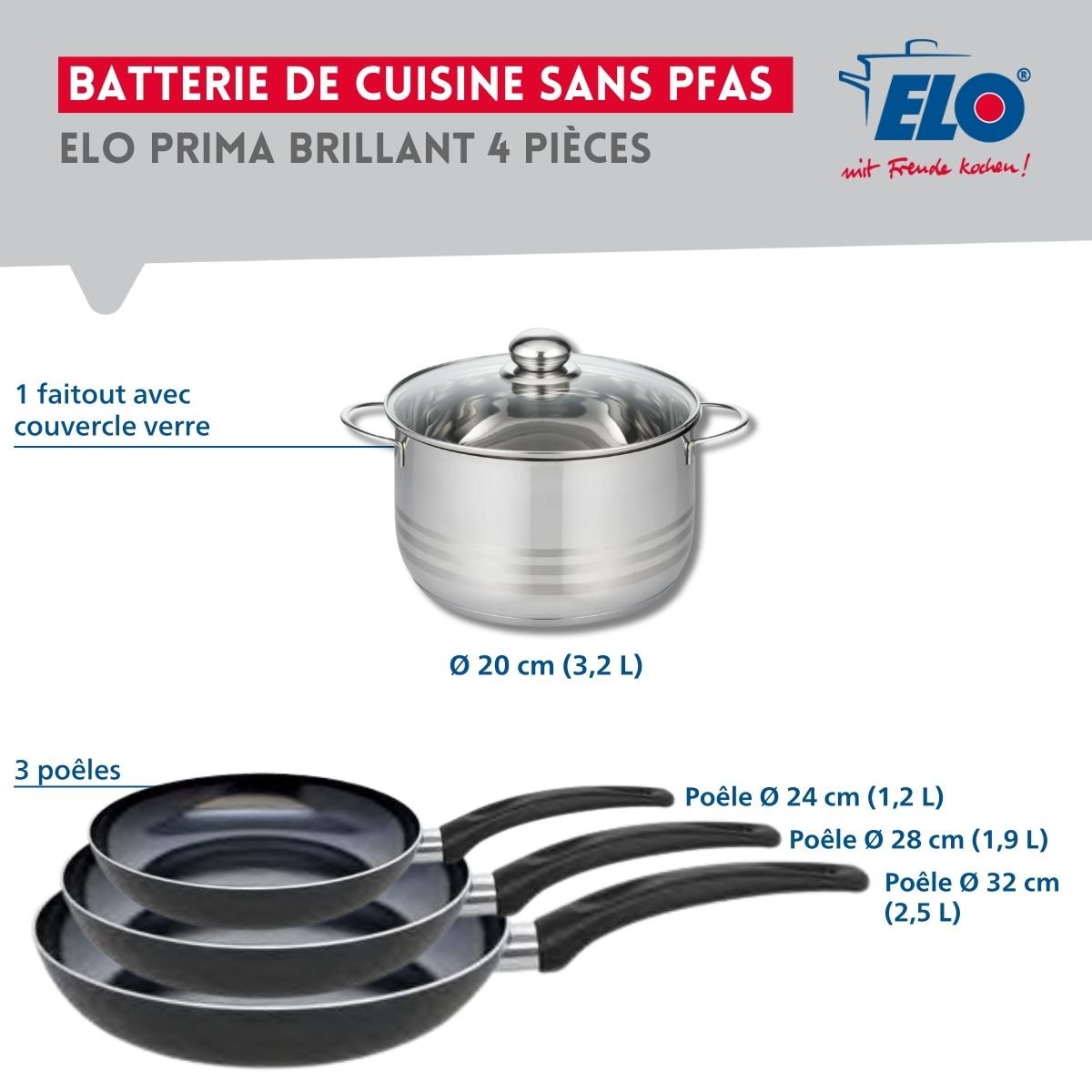 Batterie 3 poêles 24/28/32cm + 1 faitout 20cm PRIMA BRILLANT noir, ELO