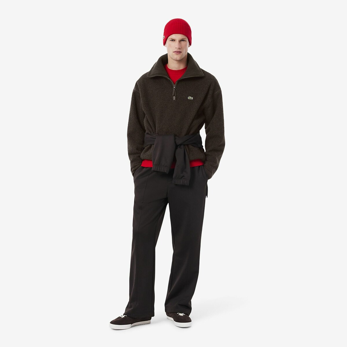 High Neck Zip-Up Sherpa Fleece dark brown, LACOSTE