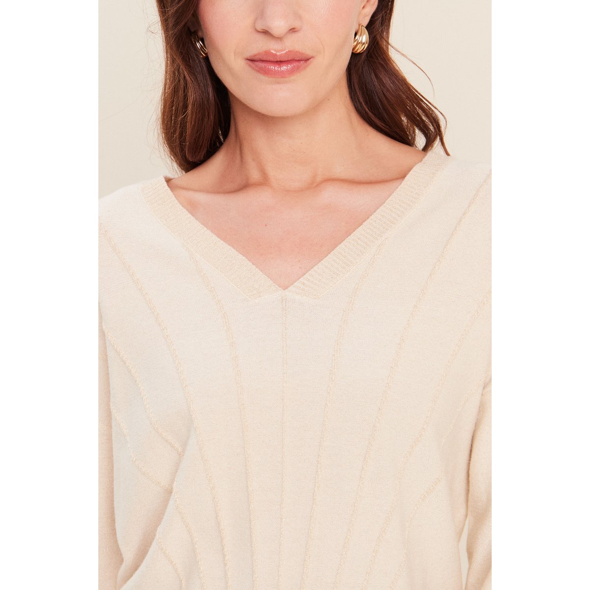 Pull ajusté col v manches longues couleur or, BREAL
