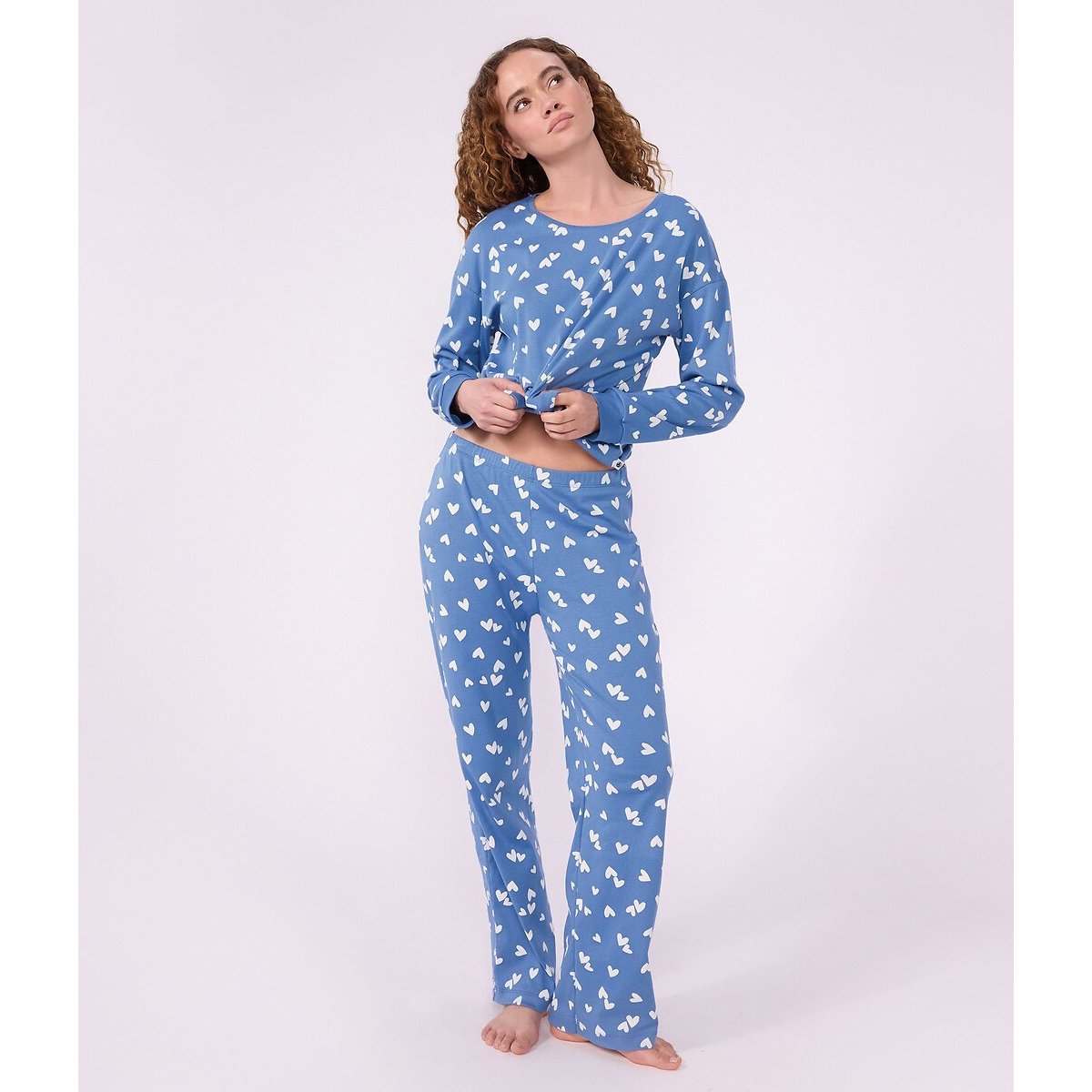 Pijama de 2 peças, em algodão, com estampado de corações azul/branco, PETIT BATEAU
