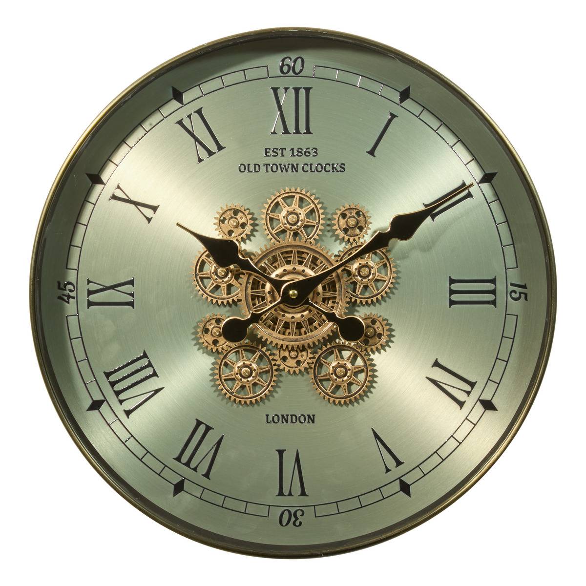 Horloge mécanique acier engrenages apparents MICHEL vert, ATMOSPHERA