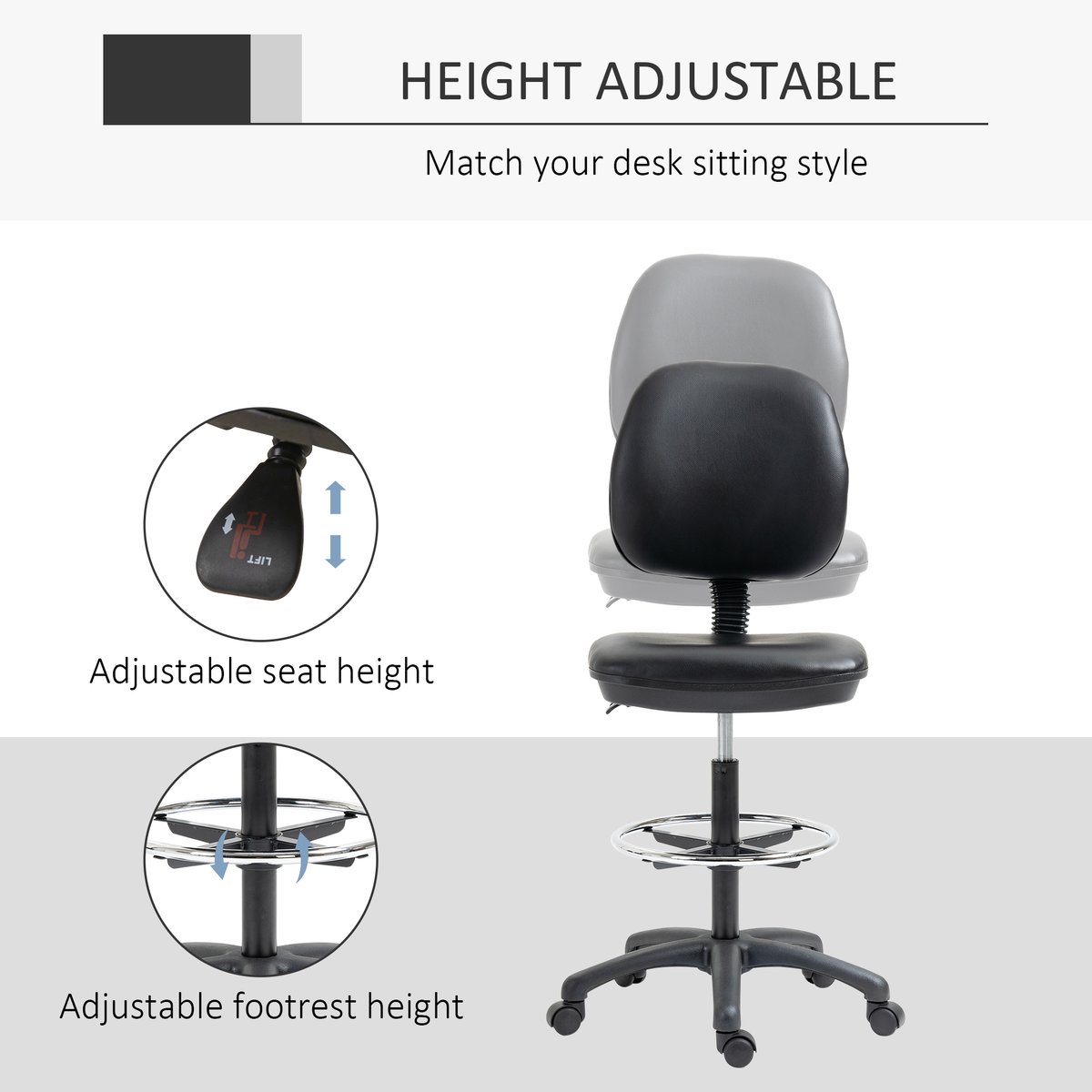 Chaise de bureau pour poste de travail debout noir, HOMCOM