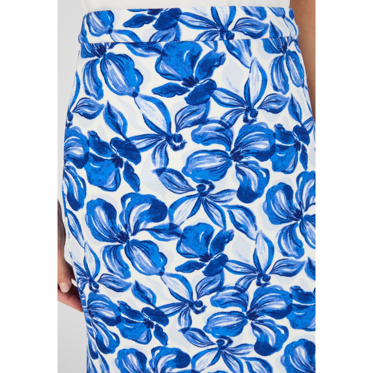 Jupe droite enfilable maille gaufrée bleu grandes fleurs, DAMART