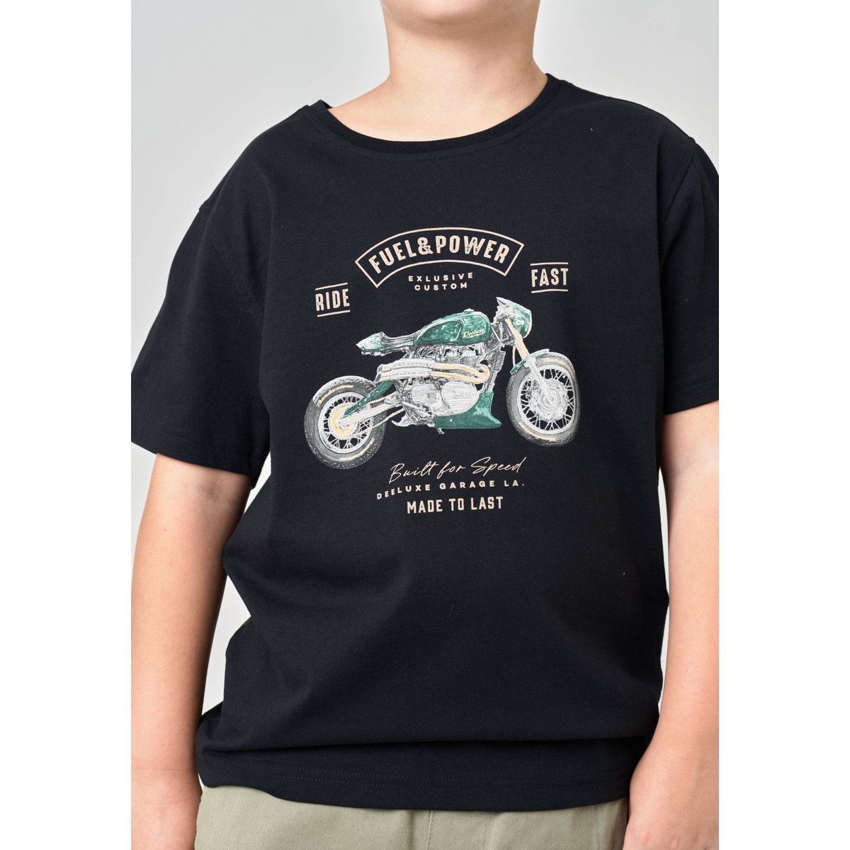 T-shirt regular garçon en 100% coton jersey imprimé moto vintage AVENUE black, DEELUXE