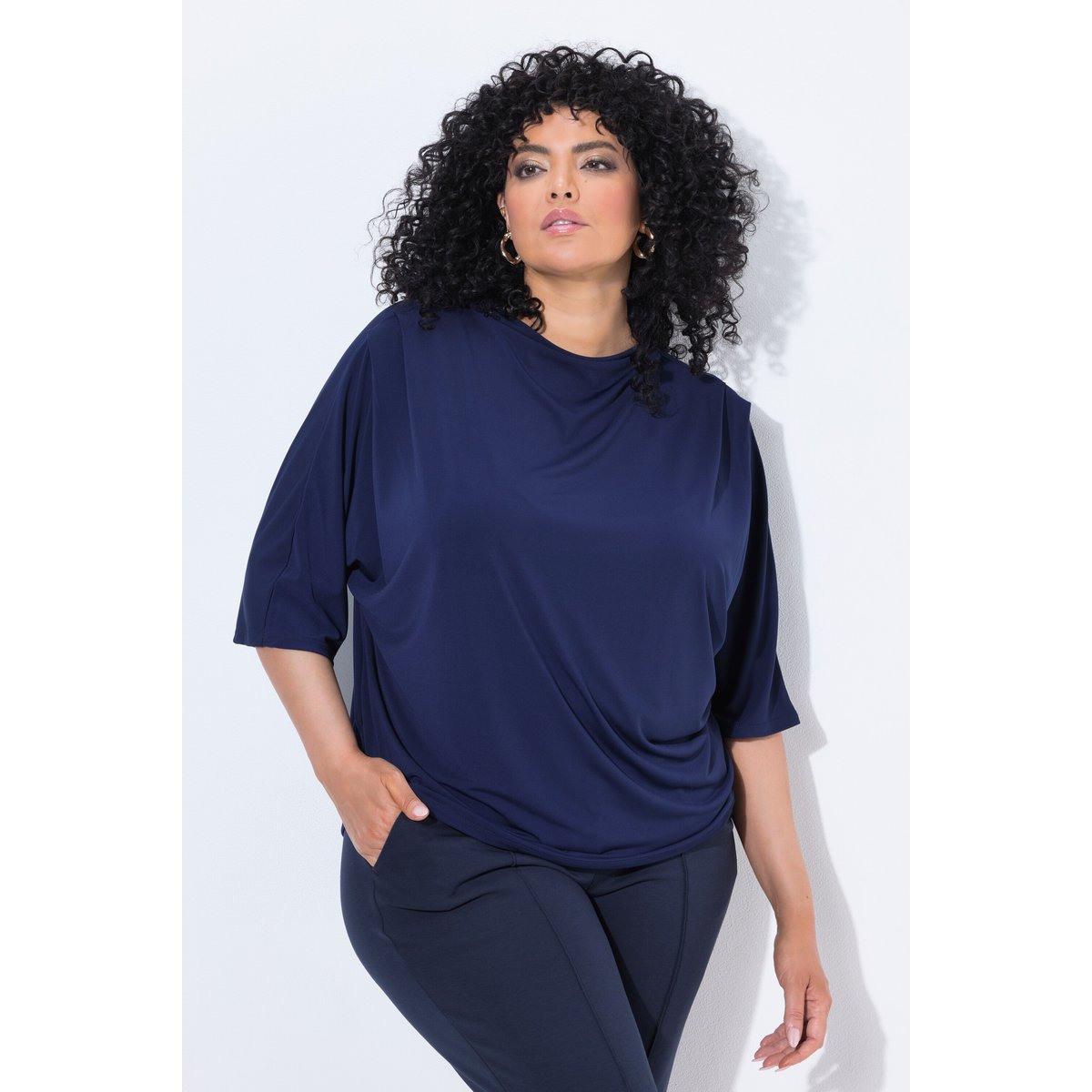 T-shirt en jersey, plis fantaisie marine, ULLA POPKEN