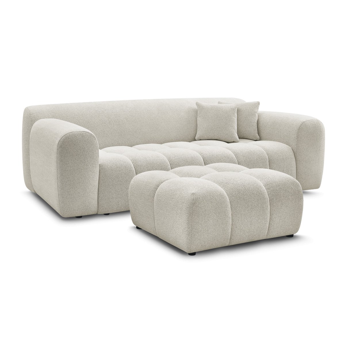 Canapé droit fixe 3 places en tissu chiné avec pouf, MELISSE blanc, BOBOCHIC