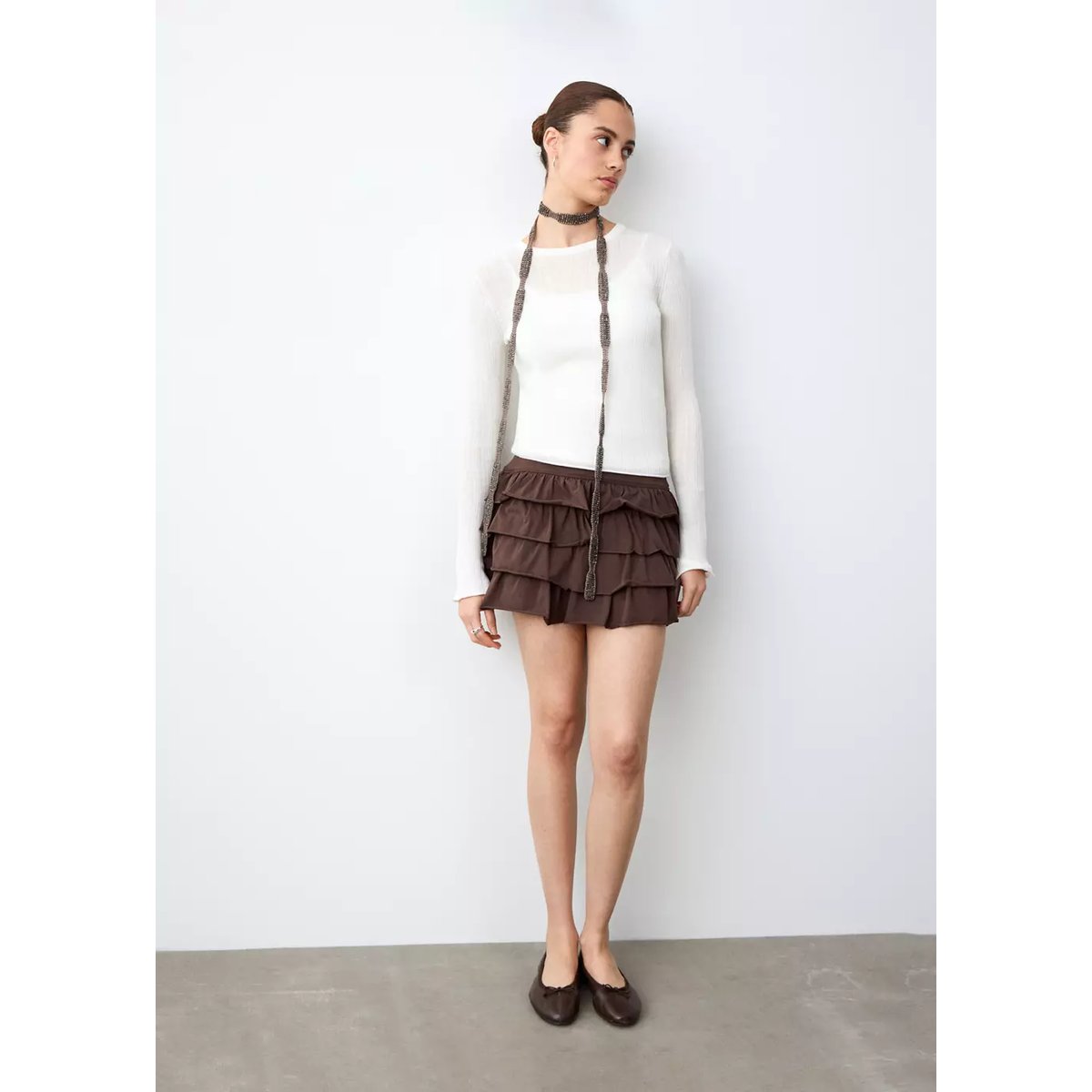 Jupe courte à volants marron, MANGO TEEN